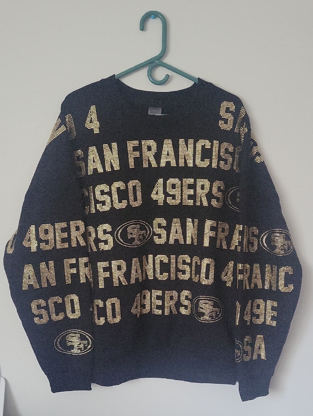 San Francisco 49ers Black and Gold Graphic Crewneck Sweater Gold Beading